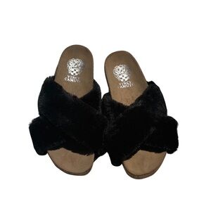 Vince Camuto Black Faux Fur Cork Slides Women’s 7 |‎ Cozy Fall Sandals